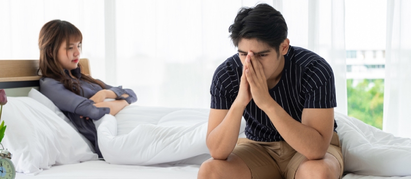 Asian Unhappy Couple Having Problems Stress Bad Feeling At Bedroom